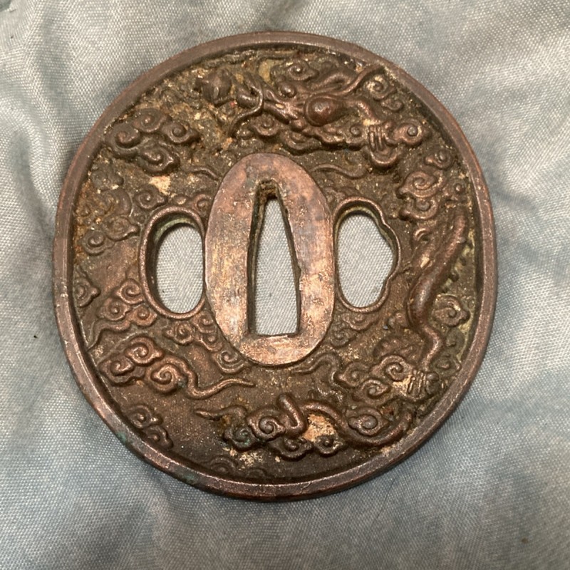 Antique Japanese Sword Tsuba Guard Round Brown Metal Cloud/Dragon Design