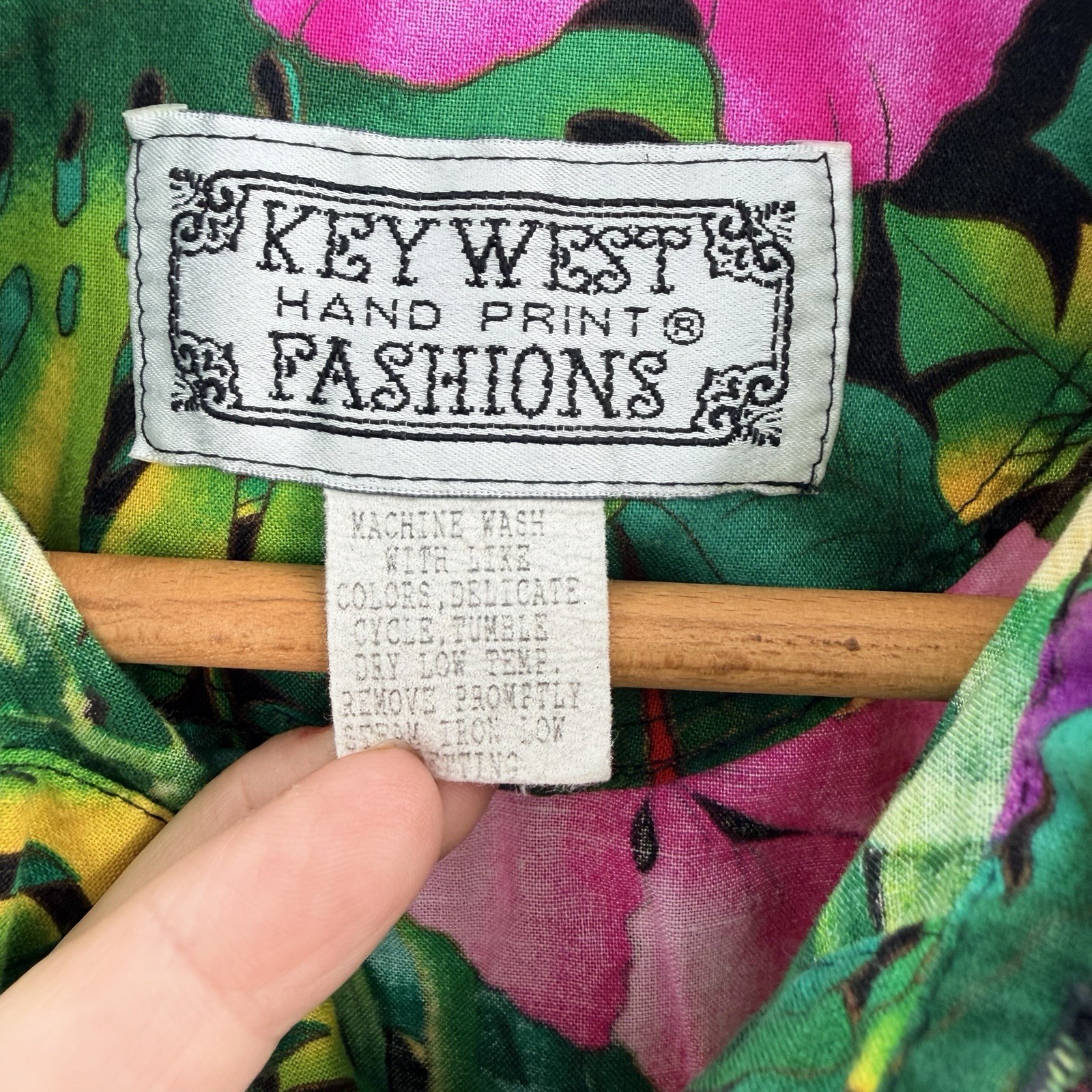 VTG 80s Key West Hand Print Fashions Hawaiian Shirt Camouflage Tropical Floral L image 5