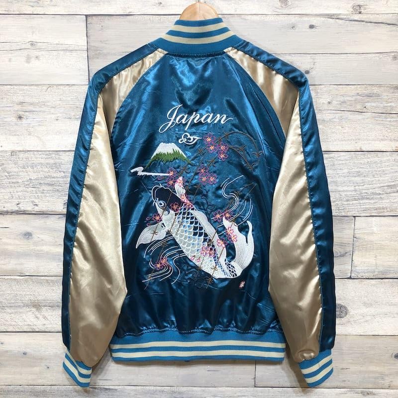 Isshin Nyokyo Koi Mt Fuji Embroidered Sukajan Satin Souvenir Jacket Blue 3XL