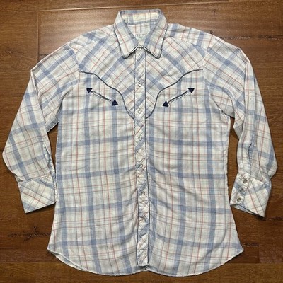 Vintage H Bar C Pearl Snap Shirt Mens L White Tartan Plaid Long Tail Rancher VTG