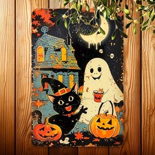 Halloween Spooky Pumpkin Ghost Cat Tin Metal Signs Home D cor 8x12