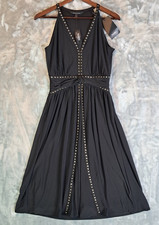 NWT White House Black Market Black Studded V-Neck Fit & Flare Dress Women Size 4