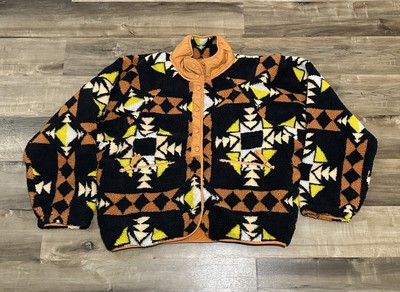 Free People Movement Women's XL Orange Sherpa Snap Jacket Aztec