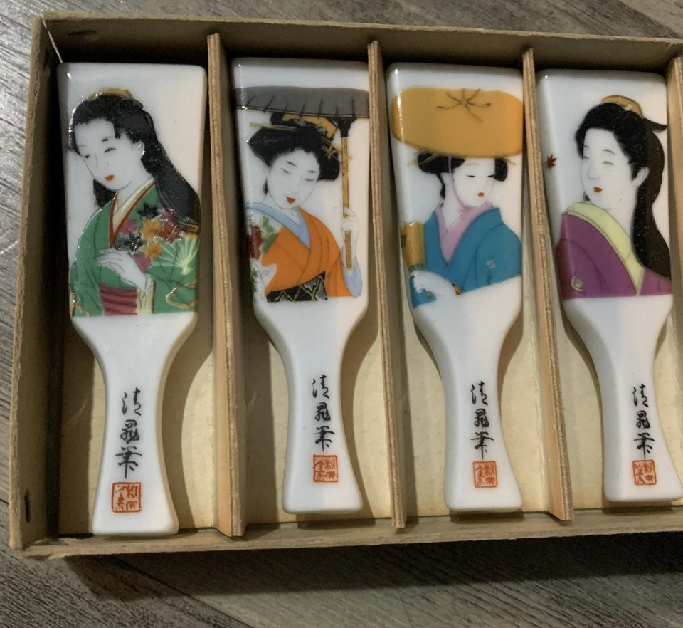 (6) De Colección Geisha Caras Picar Palo Soporte Niñas Porcelana Caja Original Japón Foto 2 de 4