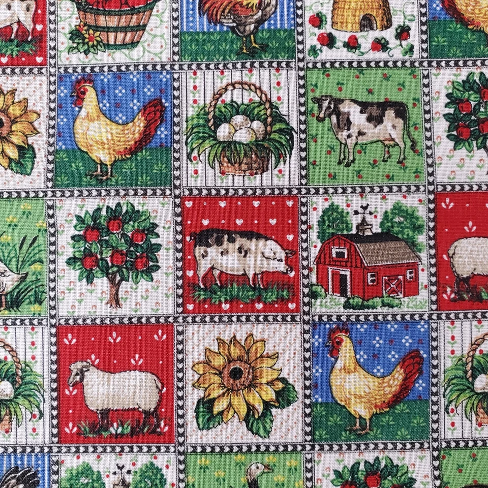 Joan Kessler Concord Fabric Farm Cow Chicken Green Red Blue 1 Yard - Image 4 of 4