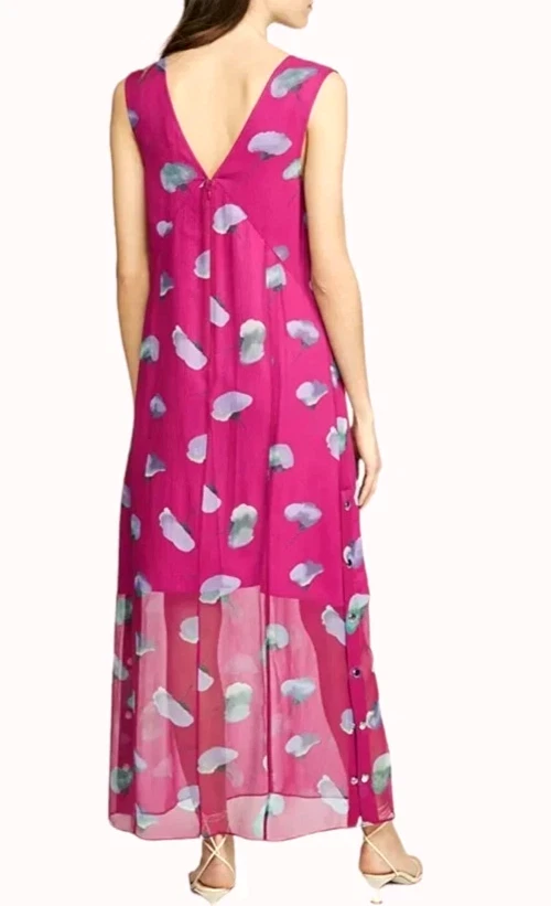 MAXI ABITO NUOVO CON ETICHETTE TG 4 COACH 1941 SPLENDIDO MAGENTA FLOREALE SETA SCOLLO A V FODERATO $595