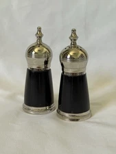 Vintage Salt And Pepper Shakers Black and Silver Design 4.5" Made In India