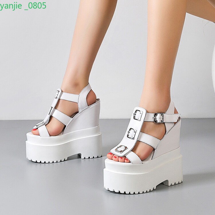 Women's Leather Sandals Open Toe Buckle Platform Wedge Heel Shoes Retro Fashion