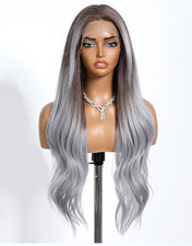Human Hair Blend Full Mono Lace Front Wigs Body Wavy Haze Blue Heat OK Wigs