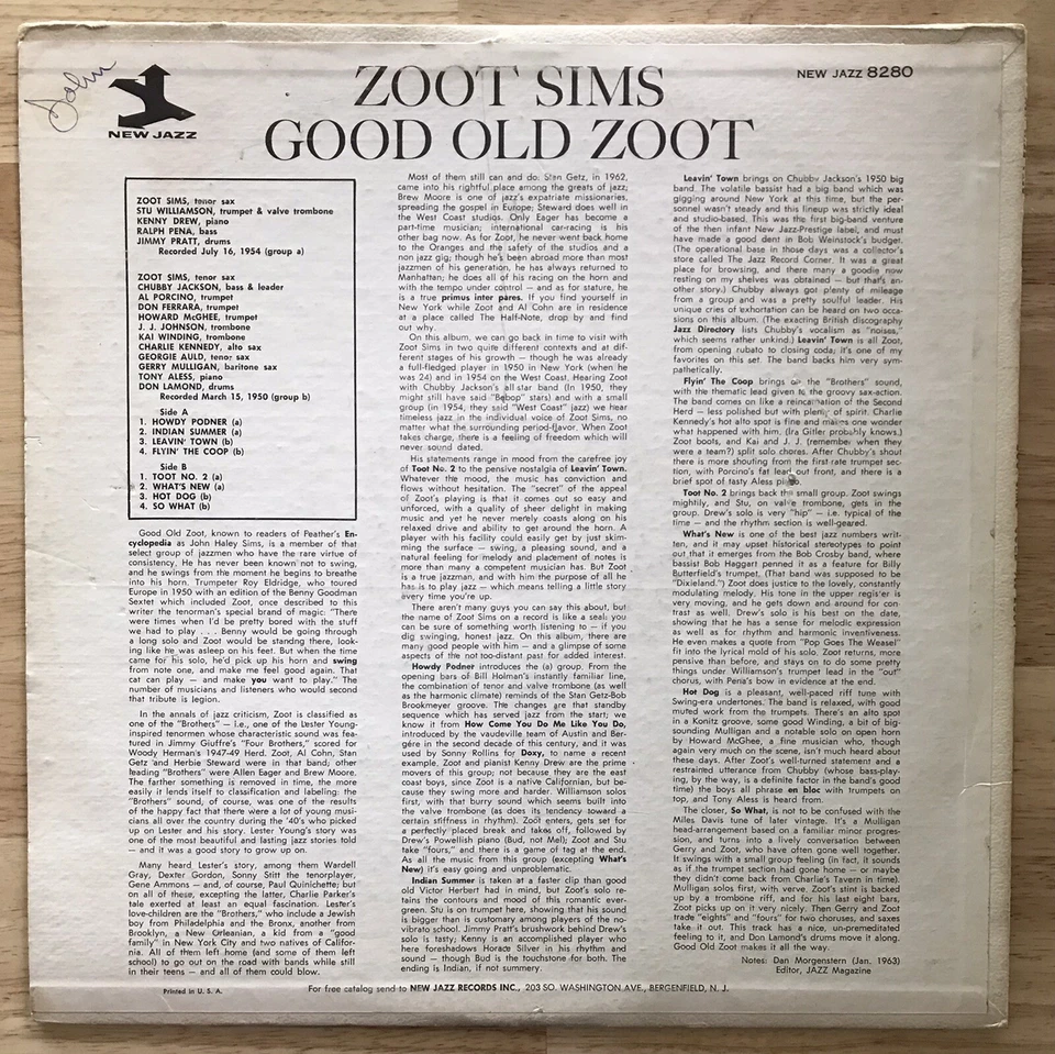 ZOOT SIMS - Good Old Zoot - NEW JAZZ NJLP 8280 - RVG - *Kenny Drew - Image 2 of 4