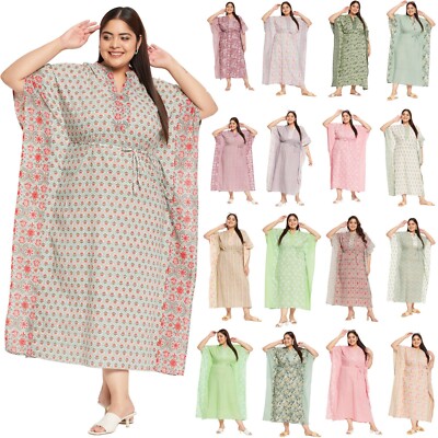 Women Long Printed Cotton Kaftan Dress Summer Free Size Gown Kimono Beach Caftan