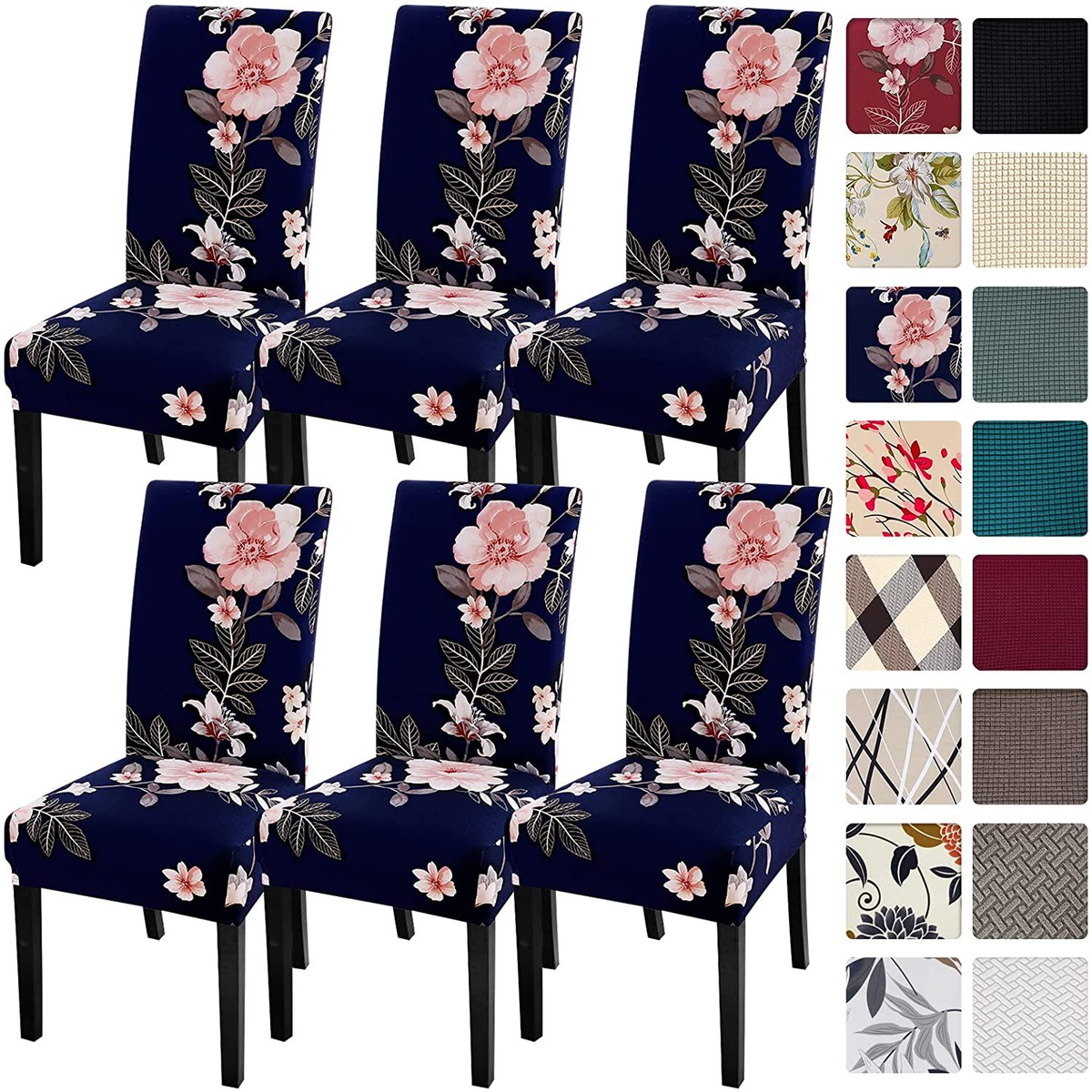 SearchI Dining Room Chair Covers Slipcovers Set of 6, per set,  Navy+flowers