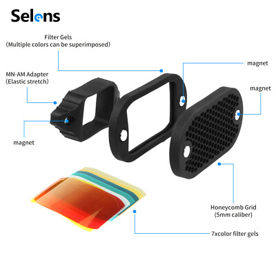 Selens Magnetic Flash Gel Filter Kit - 7 Color Gels + Honeycomb Grid For Universal Flash Heads (Stackable System)