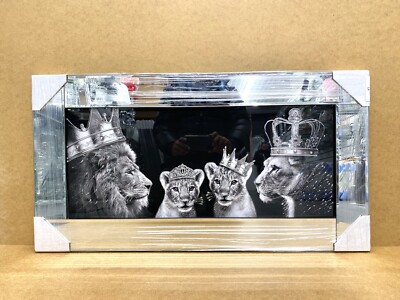 Löwenfamilie Bild Liquid Art Silber Krone Spiegelrahmen König Königin Jungtier 85x45 cm