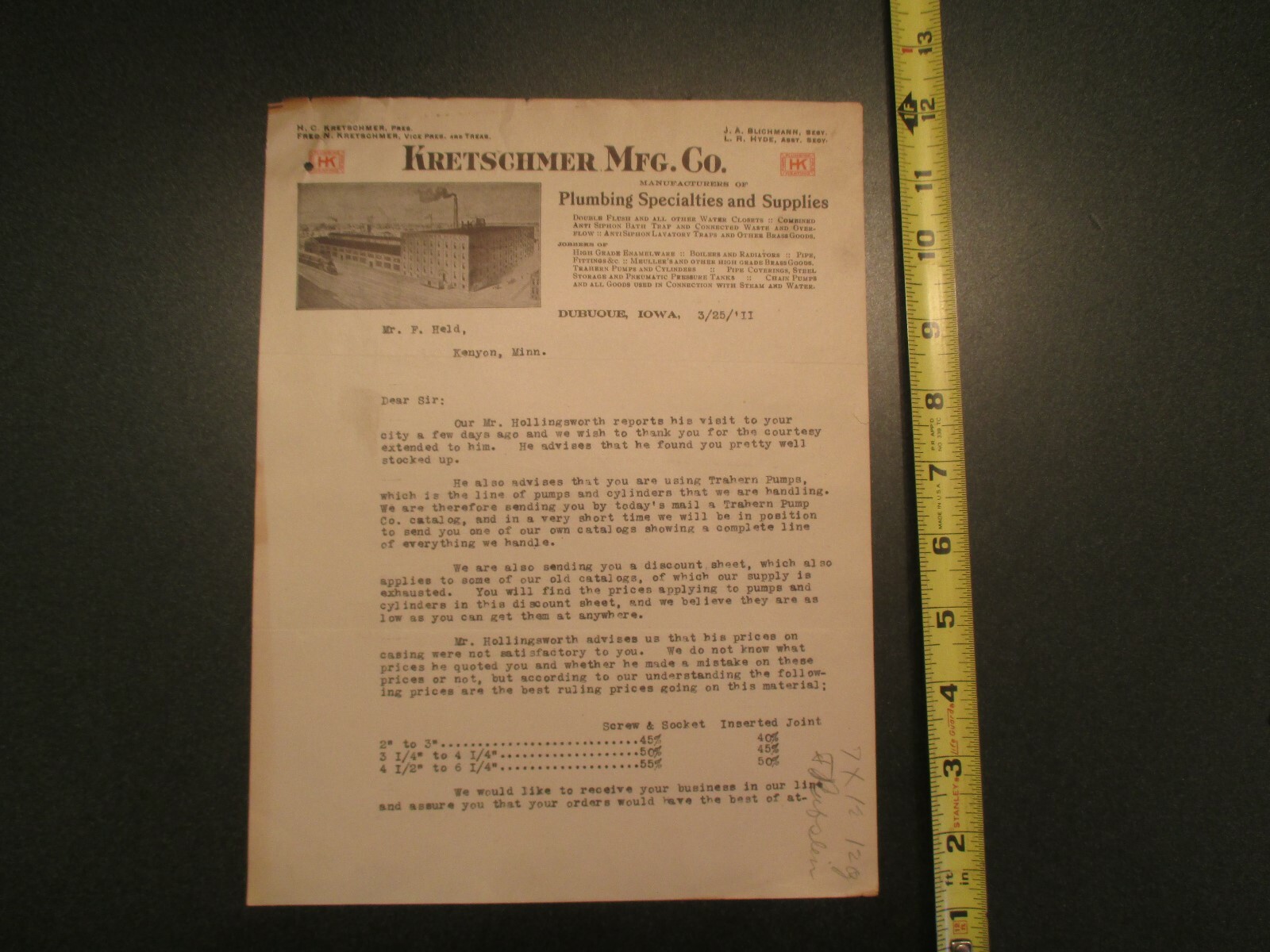 Vintage 1911 Kretschmer MFG Co Plumbing Supplies Dubuque Iowa Letterhead Ad