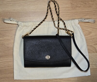 TORY BURCH Robinson Chain Wallet in Black Leather with Dust Bag and Tags  $298