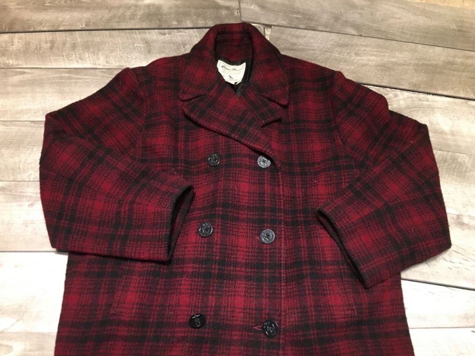 Abrigo de mujer vintage Eddie Bauer rojo negro lana a cuadros chaquetón guisante talla XXL Foto 2 de 4