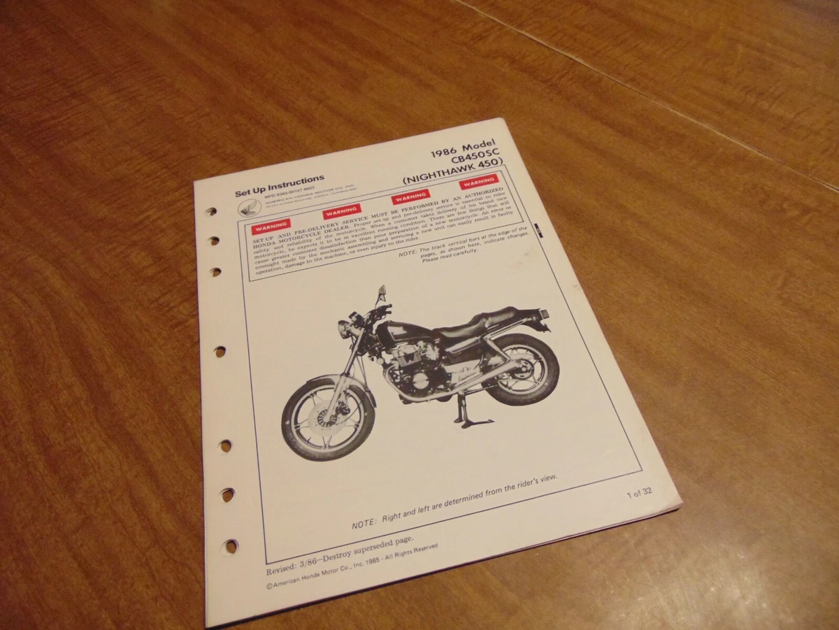 1986 Honda CB450SC Nighthawk 450 Motorcycle Set Up Instructions