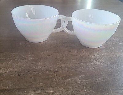 2 Federal Glass Moonglow Diamond Point Iridescent Coffee Tea Cup Mug White Glow