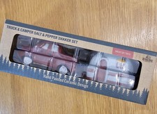 Truck Camper Salt Pepper Shaker Set Hand Painted Ceramic Design Red Gray