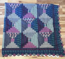 Vintage Log Cabin Patchwork Quilt 2 Pillow Shams Set Full/Queen 82 X 82