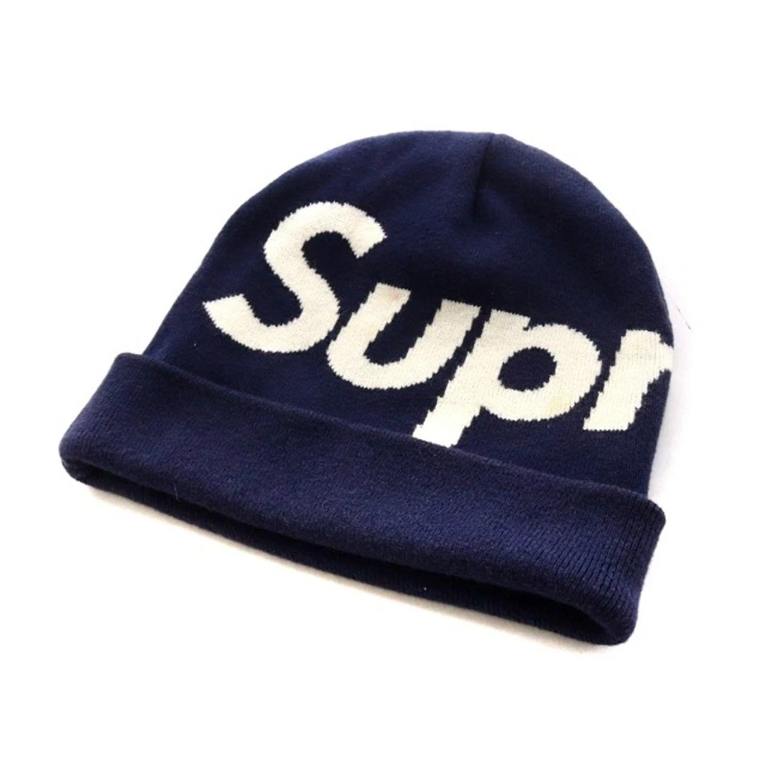 Bonnet Supreme grand logo tricot cachemire mélangé bleu marine blanc AK20 utilisé 6eea53cc780