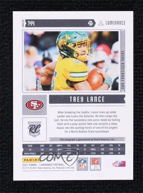 2021 Panini Luminance Rookie Auto /125 Trey Lance #144 Rookie Auto RC - Image 2 of 2
