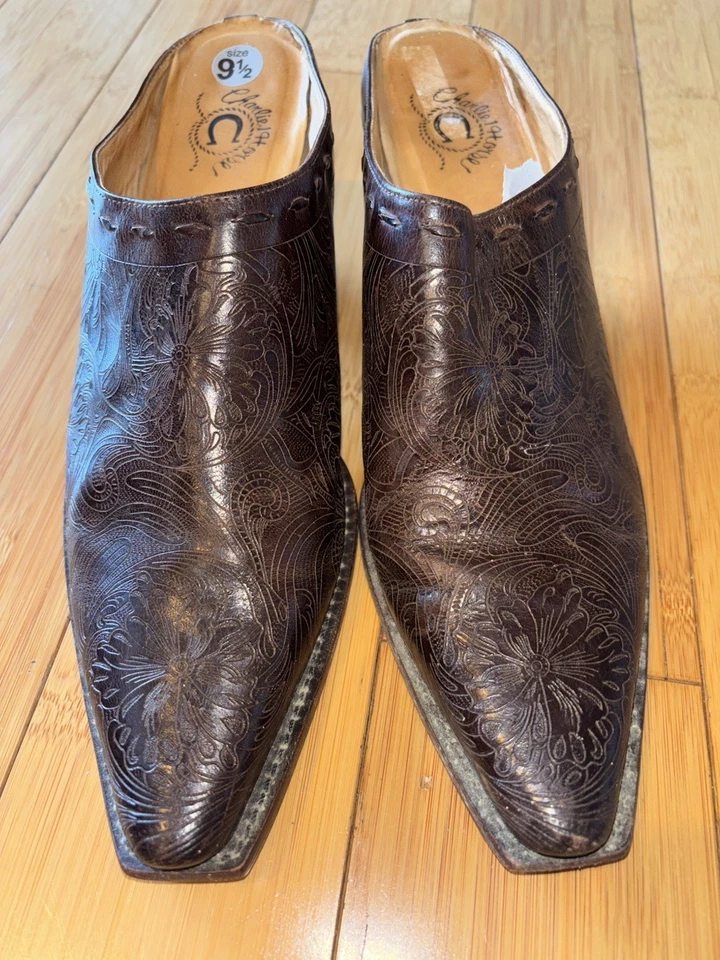 Lucchese Charlie 1 Caballo Cuero Mulas Tacones Deslizables Mujer Talla 9.5 B Marrón Western Foto 2 de 4
