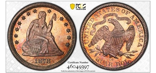 1878-cc Seated Liberty Quarter Dollar $.25 PCGS MS62 Colorful, Toned