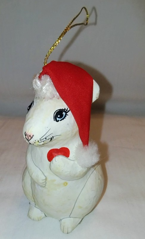 White Christmas Mouse with Santa Hat Paper Mache 4" Tall Ornament
