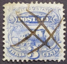 US Scott #114 3 cent Blue LOCOMOTIVE used G GRILL VG Pen cancel (invA30d)