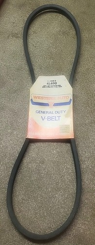 Black Western Auto 46-1949-0 V-belt with worn white label showing green Western Auto logo and product text.