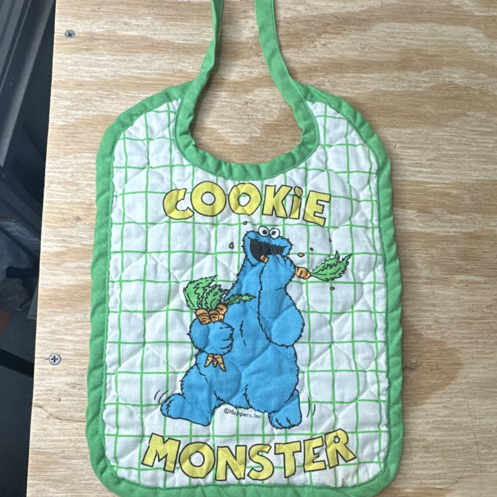 Muppets, Inc. Cookie Monster Sesame Street Cotton Bib Green Trim Tie Closure