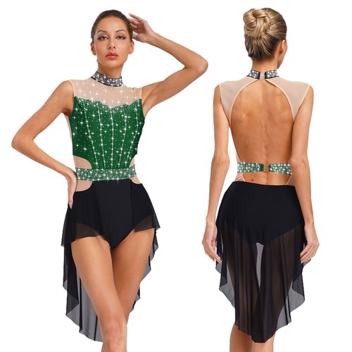 Women Lyrical Ballet Dance Costume Leotard Sleeveless Mesh Skirt Ruched Bodysuit - Picture 100 of 148
