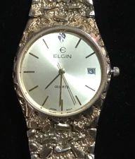 1970’s ELGIN Gold Nugget Diamond Date Mens Watch 32mm New Battery Works Great