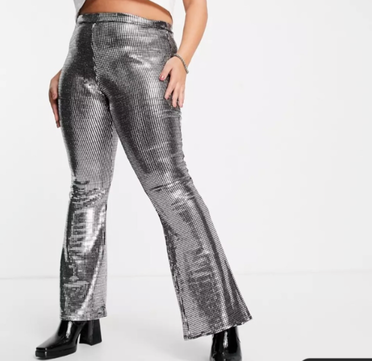 ASOS DESIGN Curve chainmail sequin slim flare pant in silver
