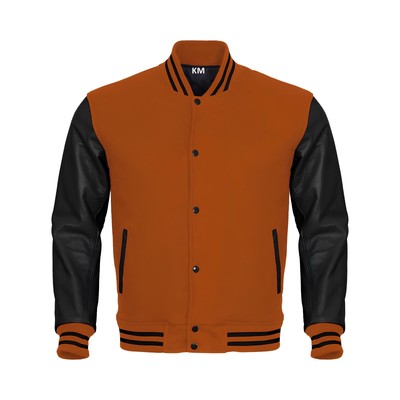 Letterman Jacket Orange Body Black Leather Sleeves Varsity Jacket Men L