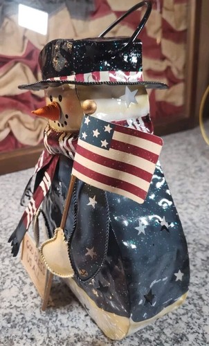 Home Interiors Patriotic God Bless Us All Snowman Tea Light Lantern Metal - New - Picture 2 of 7
