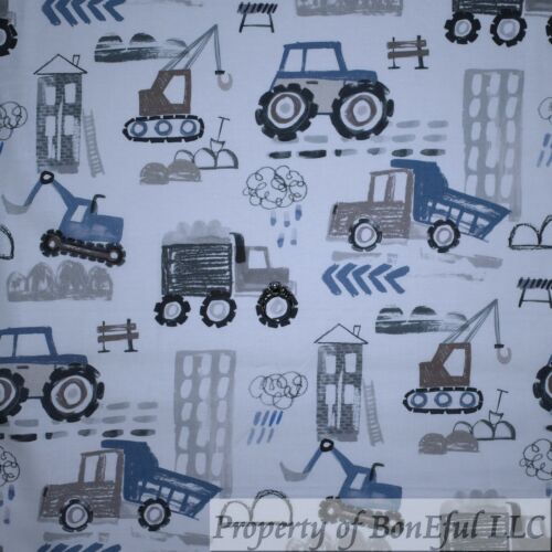 Tissu BonEful FQ courtepointe coton blanc N&W tracteur pelleteuse bulldozer camion - Photo 1 sur 12