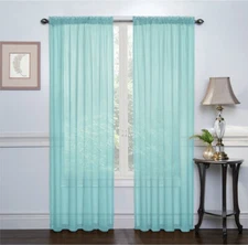 2 Pack Rod Pocket Bright Turquoise Sheer Window Curtain Panels - 84 in. Long