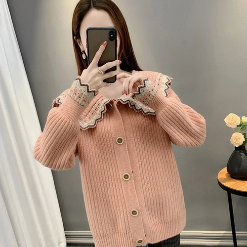 Long Sleeve Lapel Neck Collar Sweater Women Short Jacket Short Knitwear - Bild 3 von 24