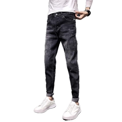 Men's Tapered Cropped Jeans Elastic Waistband Slim Fit Denim Pants Hong Kong Pen