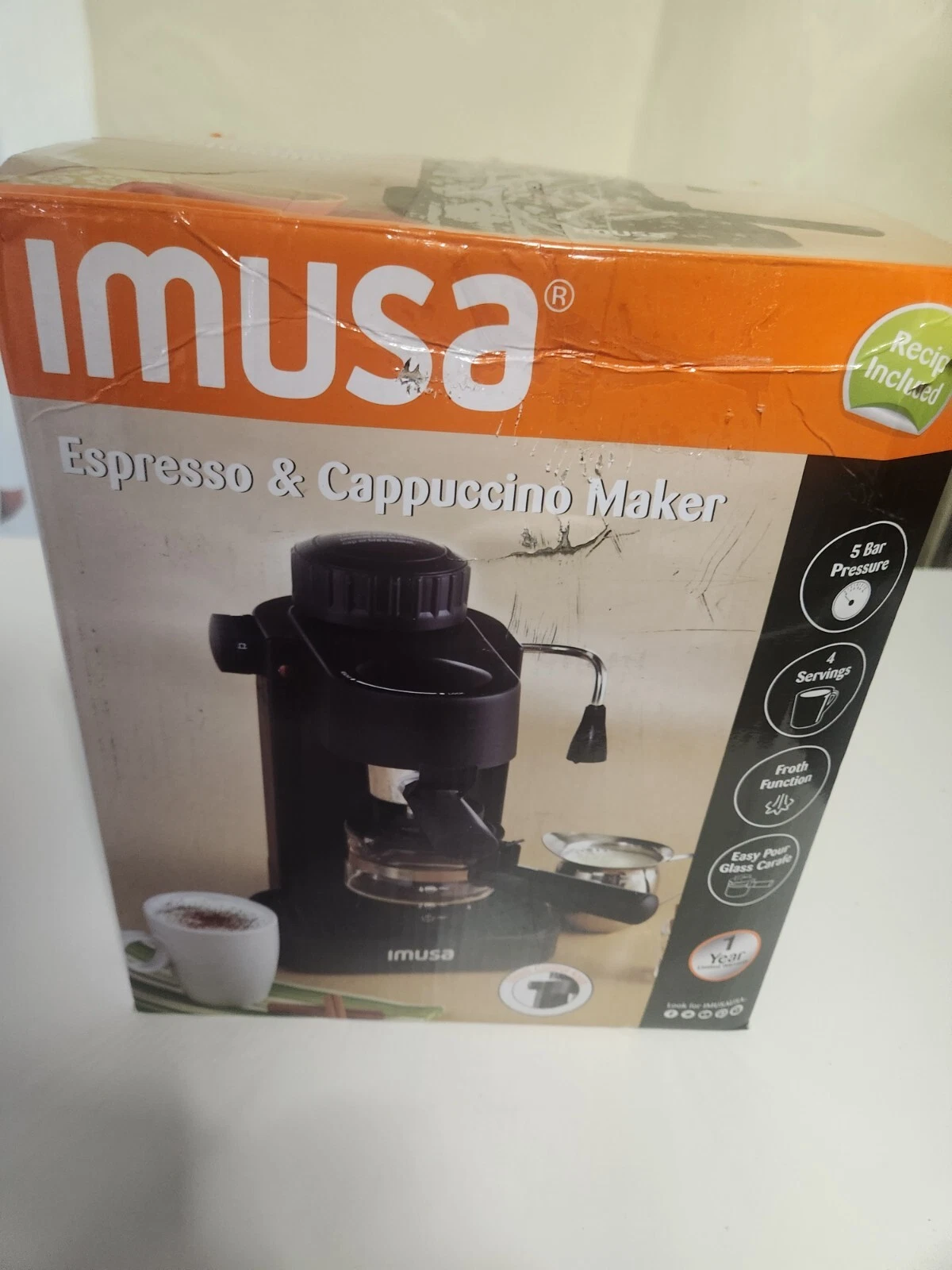 OPEN BOX Imusa 4 Cup 800W Espresso/Cappuccino Machine - Black No Recipe Book