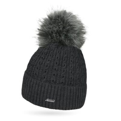 Ladies Knitted Hat Lined Fur Pom Pom Faux Fur Bobble Hat Cable Knit