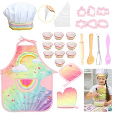 26PCS Chef Set Kids Apron Cooking Play Kitchen Childrens Baking Hat Toddler Gift