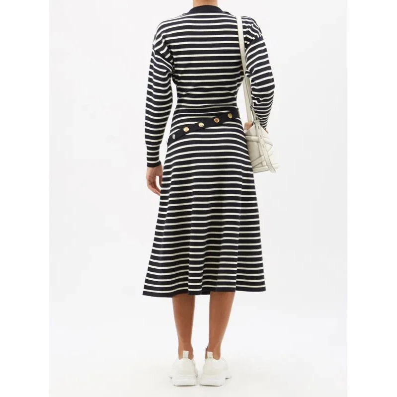 Abito midi Alexander McQueen in maglia avorio blu navy e oro $3290 nuovo con etichette passerella