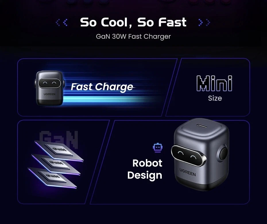 UGREEN 30W GaN 充电器第 2 代机器人 QC4.0 3.0 PPS PD3.0 快速充电器 — 第 2/4 张图片