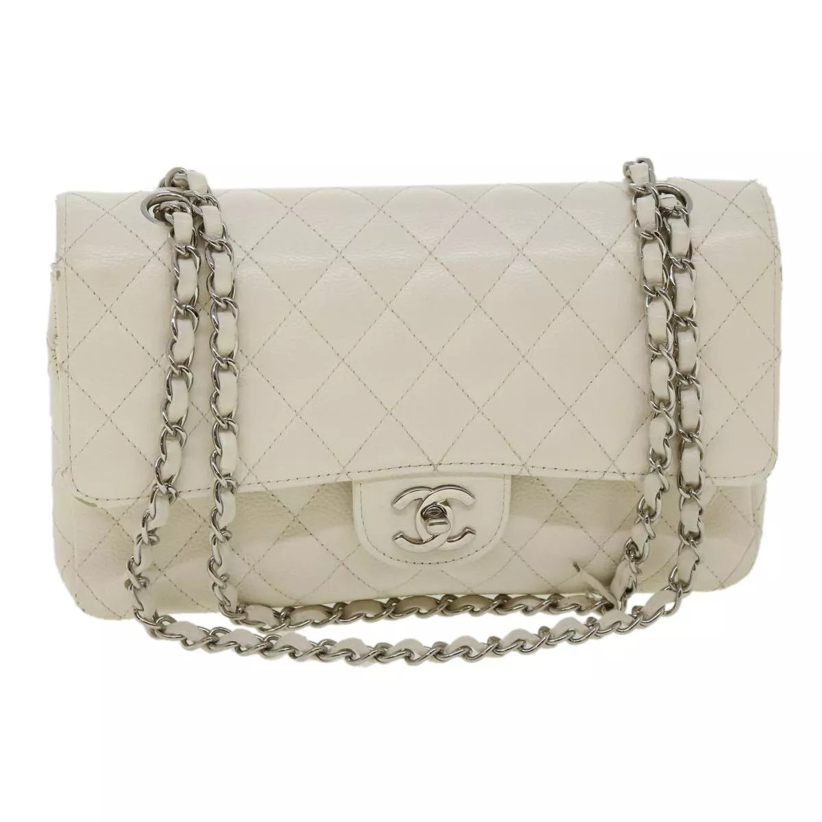 CHANEL Matelasse Double Flap Chain Shoulder Bag Caviar Skin White CC Auth  knn085