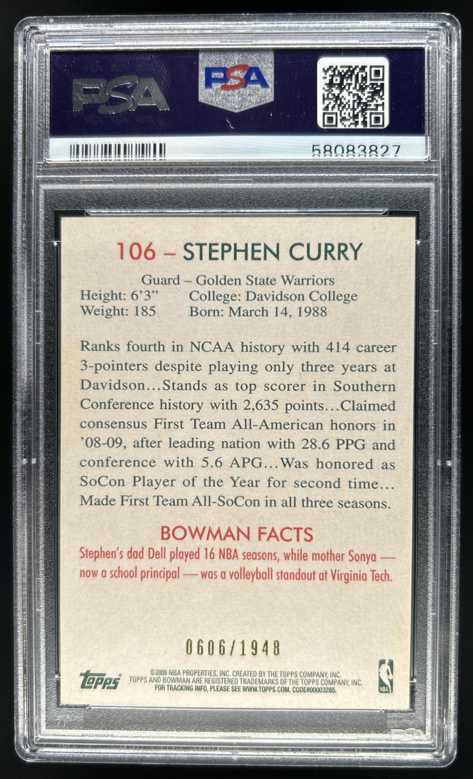 2009-10 Bowman 48 Stephen Curry Blue Rookie RC #/1948 Warriors PSA 6 view 2
