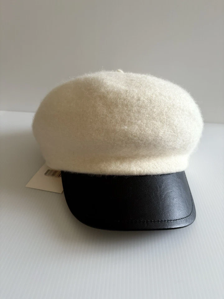 Petite Studio Classic Wool Leather Brimmed Beret Hat Cream/Black NWT - Image 2 of 4